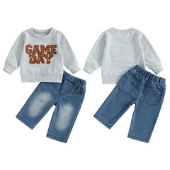 Toddler Boy "Game Day" Embroidered Long Sleeve Top & Denim Pants Fall Outfit