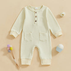 0–18M Unisex Baby Solid Color, Long Sleeve, Button-Up Romper