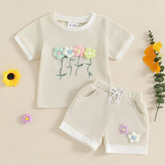 Toddler Girl Waffle Set with 3D Flower Top & Stretchy Shorts