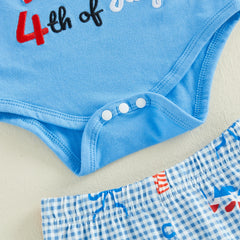 Baby Girls Letter Embroidery Romper and Plaid Bow 4th of July Outfit