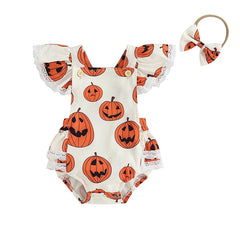 0-18M Baby Girls Halloween Pumpkin Print Ruffle Romper with Headband Set