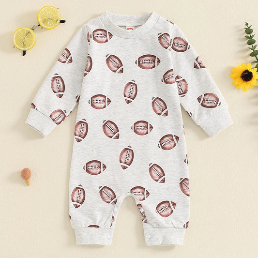 Football Print Baby Romper | Unisex Long Sleeve Jumpsuit