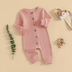 Unisex Waffle Knit Solid Color, Long Sleeve, Button Down Baby Romper