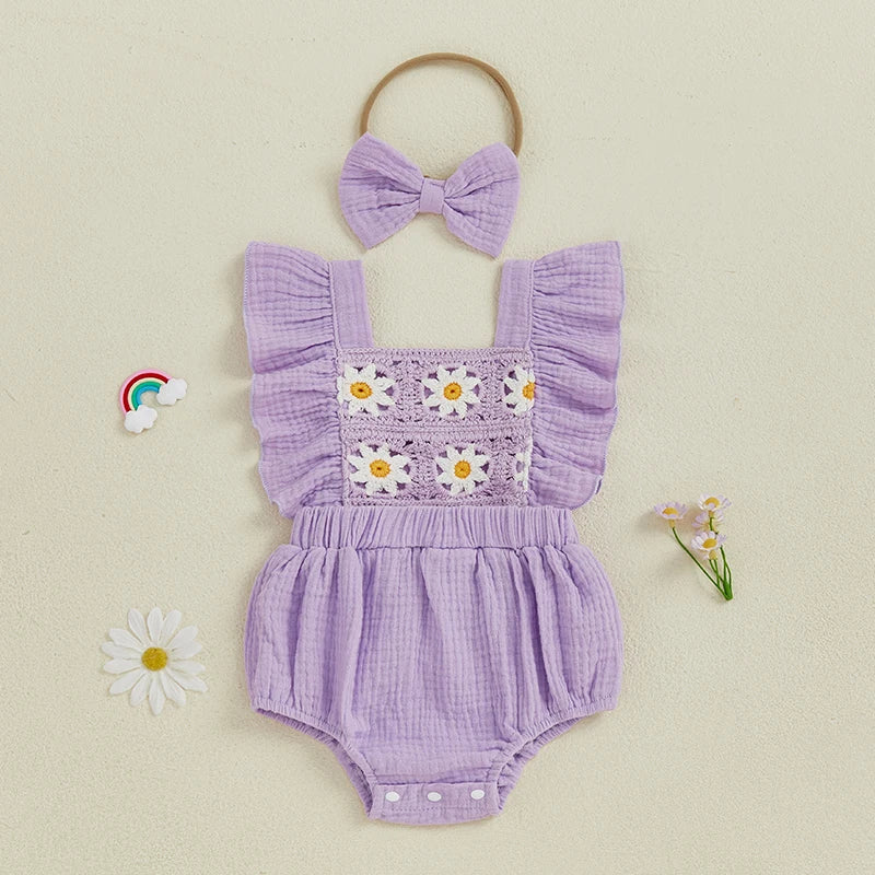 Summer Baby Girl Crochet Romper | Bow Headband