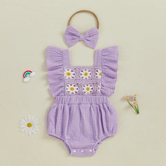Summer Baby Girl Crochet Romper | Bow Headband