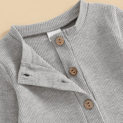 Unisex Waffle Knit Solid Color, Long Sleeve, Button Down Baby Romper