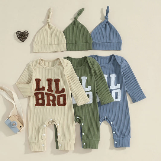 Newborn Baby Boy "Lil Bro" Ribbed Romper & Hat Set