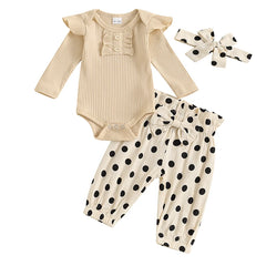 Baby Girl Long Sleeve Romper, Dot Pants & Matching Headband Set