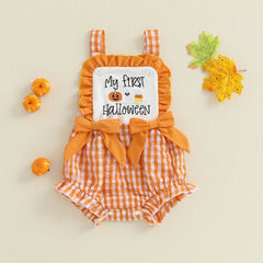 Baby Boy Halloween Pumpkin & Ghost Embroidery Plaid Romper