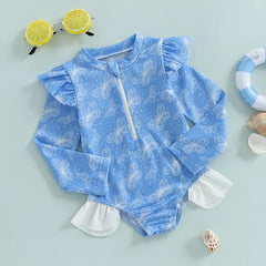 Baby Girl Long Sleeve Rash Guard Swimsuit – UV Protection with Ruffle Detail & Animal Print