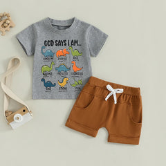 Toddler Boy Dinosaur Print Short Sleeve Tee & Solid Shorts Summer Set