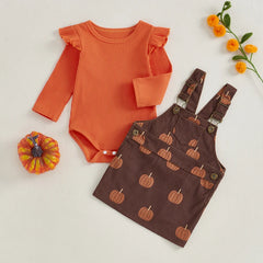 Baby Girls Long Sleeve Ruffled Ribbed Pumpkin Print Overalls Outfits
