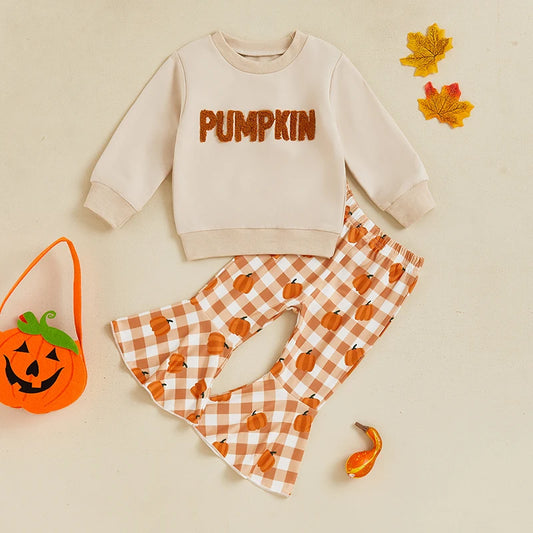 Baby Girls Halloween Letter Embroidered Long Sleeve Sweatshirt + Plaid Pumpkin Flare Pants Outfit
