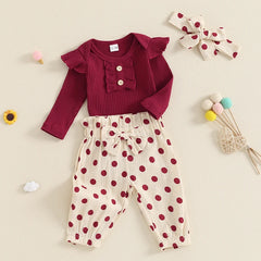 Baby Girl Long Sleeve Romper, Dot Pants & Matching Headband Set