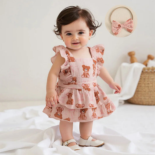Baby Girls Sleeveless Tiered Bear Print Dress with Headband