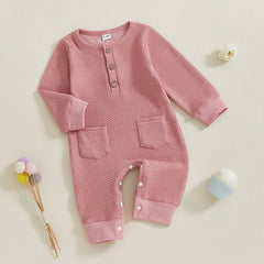 0–18M Unisex Baby Solid Color, Long Sleeve, Button-Up Romper