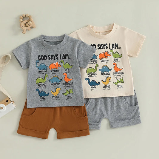 Toddler Boy Dinosaur Print Short Sleeve Tee & Solid Shorts Summer Set