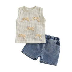 Baby Girl Sleeveless Bow Front Tank + Denim Shorts Outfit