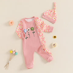 Baby Girl Floral Button-Down Romper with 3D Flowers, Long Sleeve & Hat Set
