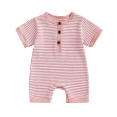 Unisex Newborn Short Sleeve Crewneck Button Front Stripes Print Romper Playsuit