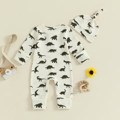 Baby Boys Dinosaur Print Long Sleeve Romper & Hat Fall Outfit Set