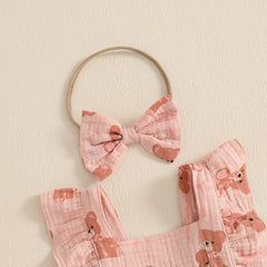 Baby Girls Sleeveless Tiered Bear Print Dress with Headband