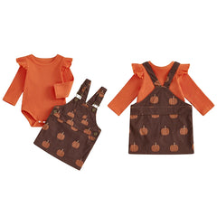 Baby Girls Long Sleeve Ruffled Ribbed Pumpkin Print Overalls Outfits