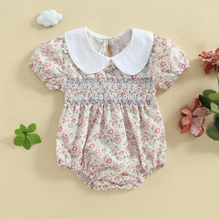 Newborn Baby Girl Short Sleeve Doll Collar Floral Print Onesie
