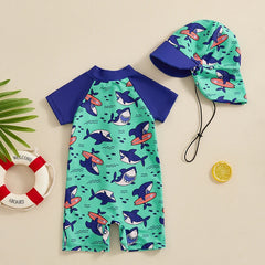 Baby Boy Rash Guard Zip-Up Swimsuit with Sun Hat