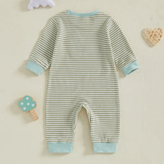 Newborn Baby Boys Long Sleeve Stripes Duck Embroidery Casual Autumn Romper