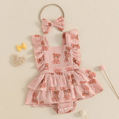 Baby Girls Sleeveless Tiered Bear Print Dress with Headband