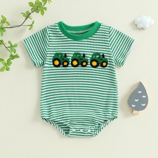 Baby Boys Waffle Truck Embroidery Stripe Short Sleeve Onesie