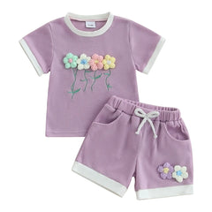 Toddler Girl Waffle Set with 3D Flower Top & Stretchy Shorts