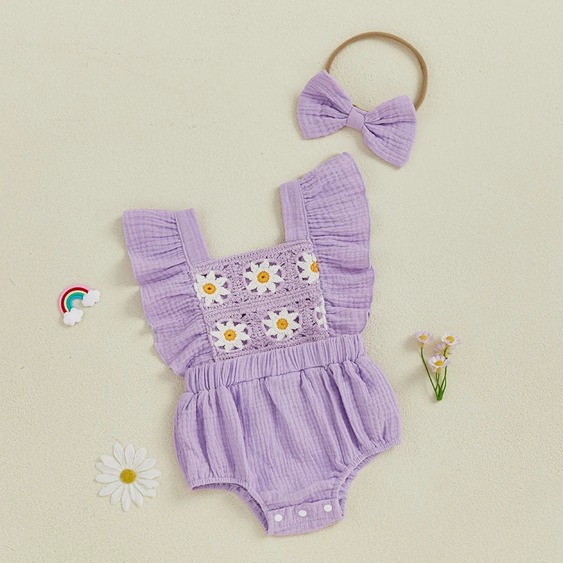 Summer Baby Girl Crochet Romper | Bow Headband