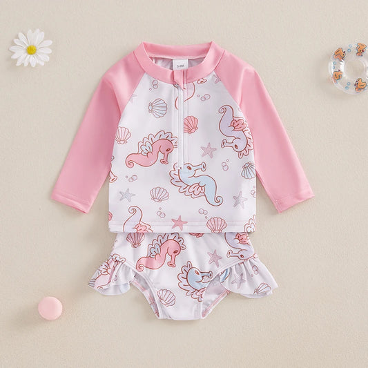 Baby Girl Seashell & Seahorse Print Rash Guard Swimsuit