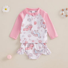 Baby Girl Seashell & Seahorse Print Rash Guard Swimsuit