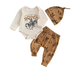Baby Boy Letter Romper Rodeo Horse Pants & Hat Outfit