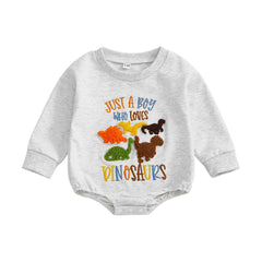 Baby Boy Long Sleeve Dinosaur Embroidered Romper
