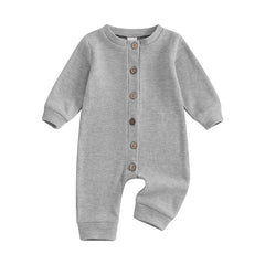 Unisex Waffle Knit Solid Color, Long Sleeve, Button Down Baby Romper