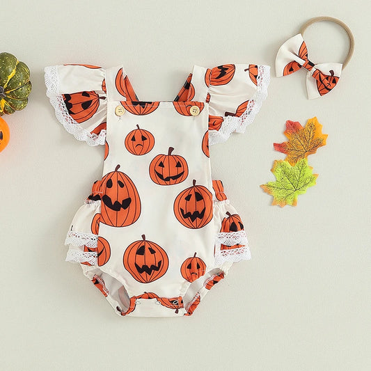 0-18M Baby Girls Halloween Pumpkin Print Ruffle Romper with Headband Set