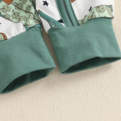 Baby Boy Long Sleeve, Crew Neck, Boots Print, Zippered Romper