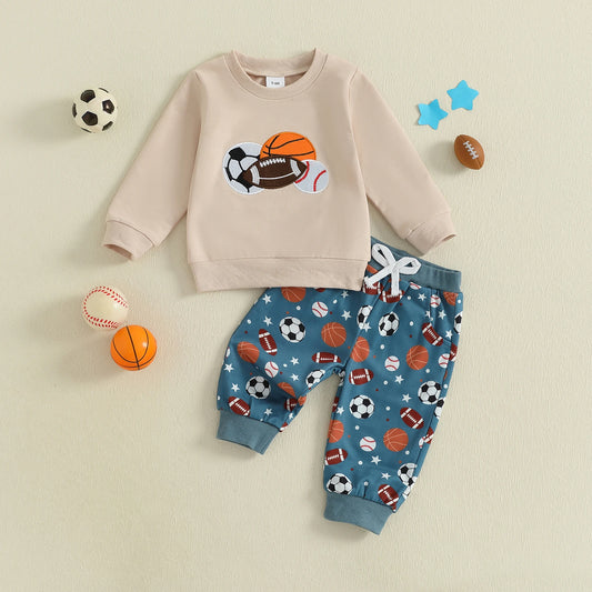Baby Boy Football Embroidered Top & Drawstring Pants Fall Set