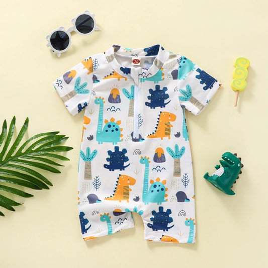 Kids Boys Dinosaur Printed Short Sleeve Zipper Swimsuit