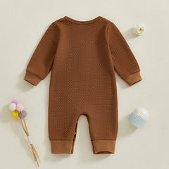 0–18M Unisex Baby Solid Color, Long Sleeve, Button-Up Romper