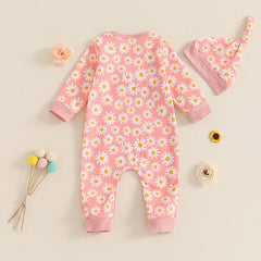 Baby Girl Floral Button-Down Romper with 3D Flowers, Long Sleeve & Hat Set