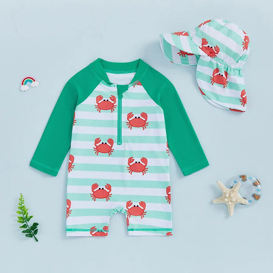 Boys’ Long Sleeve Crab & Stripe Swim Set + Matching Hat