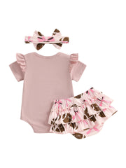 Baby Girl Letter Print Romper, Bow Shorts & Headband Summer Outfit