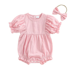 Baby Girl Solid Color Short Sleeve Onesie with Headband