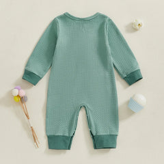 0–18M Unisex Baby Solid Color, Long Sleeve, Button-Up Romper