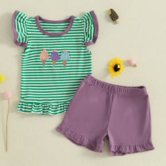 Baby Girl Fly Sleeve Ice Cream Embroidery Top & Shorts Set